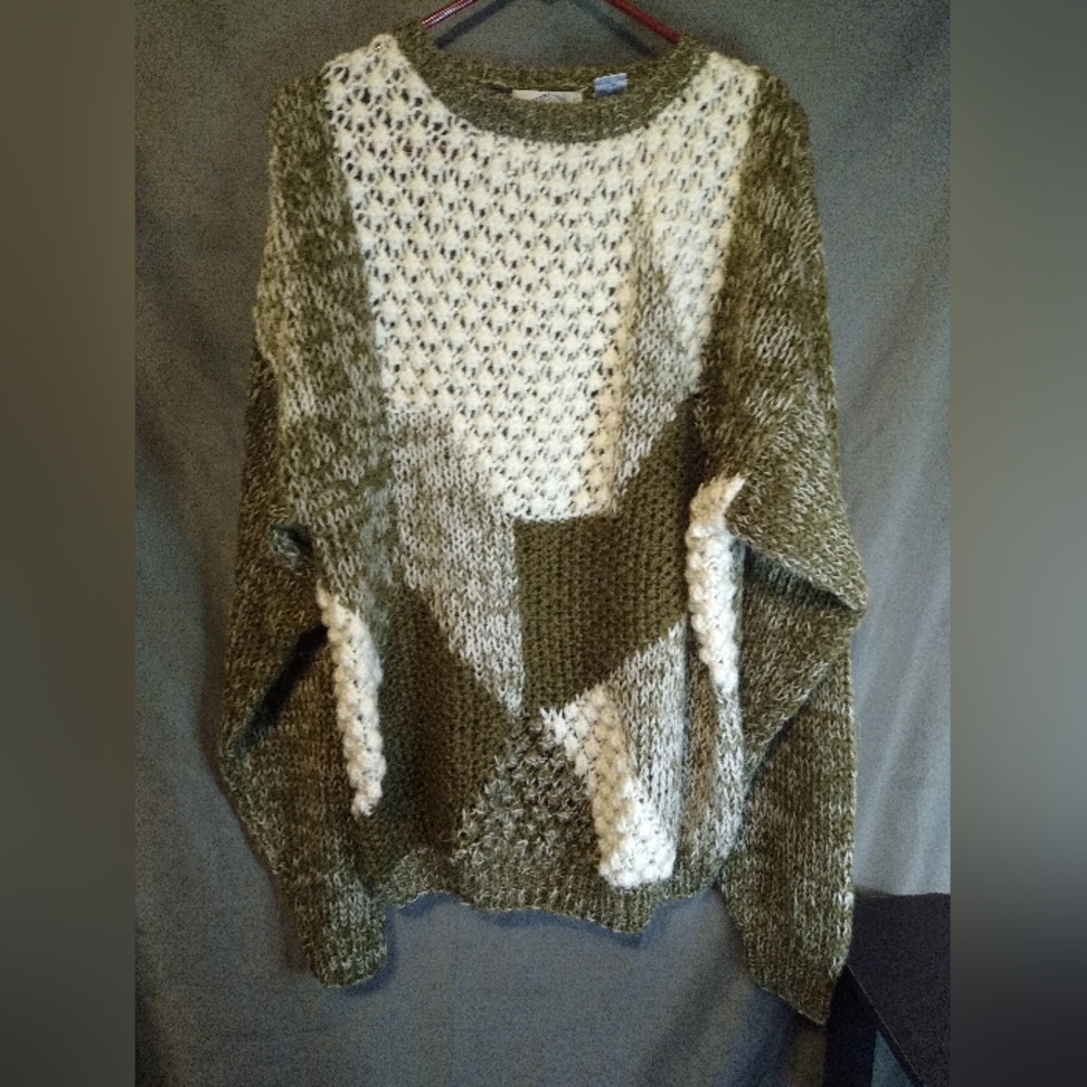 Trader Bay Chunky Knit Olive and Cream Patchwork Sweater